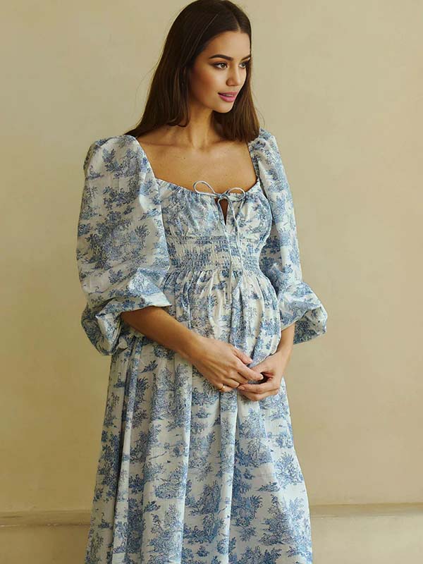 Floral Smocked Lace-up Off Shoulder A-line Maternity Maxi Dress for Maternity