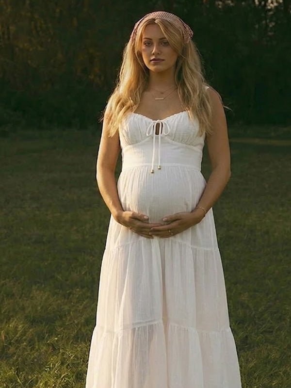 Spaghetti Strap Splicing Lace Up Open Back Maternity Photoshoot Maxi Dress for Maternity