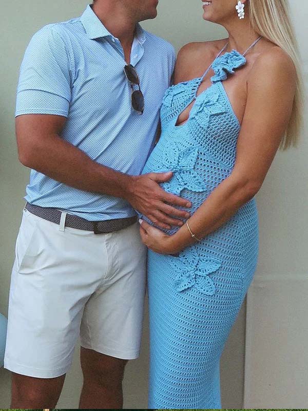 Crochet Hollow Out 3d Flowes Cut Out Halter Neck Cami Bodycon Elegant Baby Moon Beach Maternity Photoshoot Baby Shower Maxi Dress for Maternity
