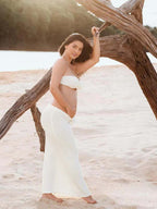 Beige Two Piece 3d Flowers Knit Backless Photoshoot Maternity Maxi Dress for Maternity