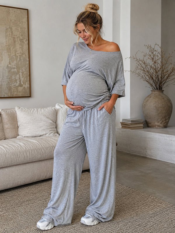 Daily Two Piece Oblique Shoulder Maternity Strapless Top Wide Leg Pant for Maternity