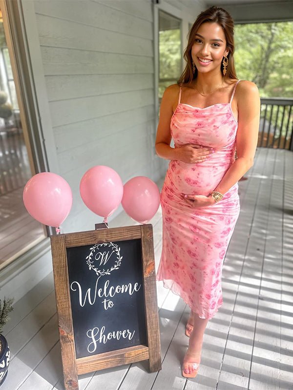 Pink Floral Tulle Ruched Bodycon Cute Gender Reveal Baby Shower Maternity Midi Dress for Maternity