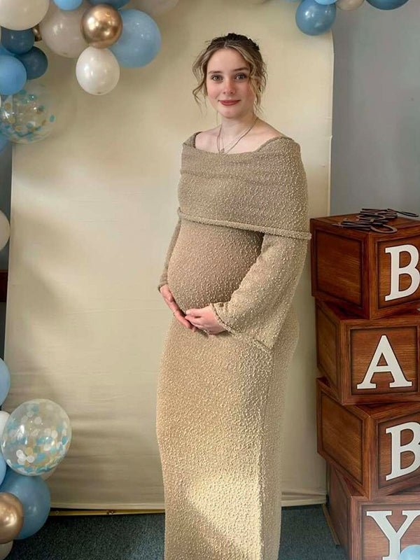 Solid Color Off Shoulder Hollow Out Knitwear Bodycon Beach Vacation Dress Baby Shower Maternity Maxi Dress for Maternity