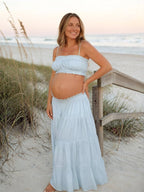 Chic Blue Two Piece Falbala A-line Shirring Spaghetti Straps Vacation Maternity Maxi Dress for Maternity