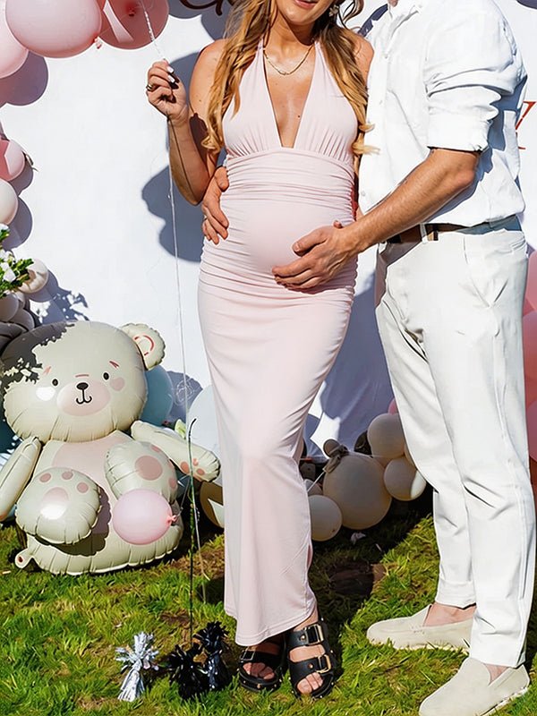 Pink Halter Neck Backless Ruched Tie Back Maternity Baby Shower Maxi Dress for Maternity
