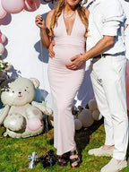 Pink Halter Neck Backless Ruched Tie Back Maternity Baby Shower Maxi Dress for Maternity