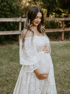 Boho Lace Off Shoulder Lace Tassel Crop Two Piece Side Slit Ruffle Photoshoot Maternity Maxi Dress for Maternity
