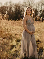 Beige Halter Neck Lace-up Backless Maternity Photoshoot Maxi Dress for Maternity
