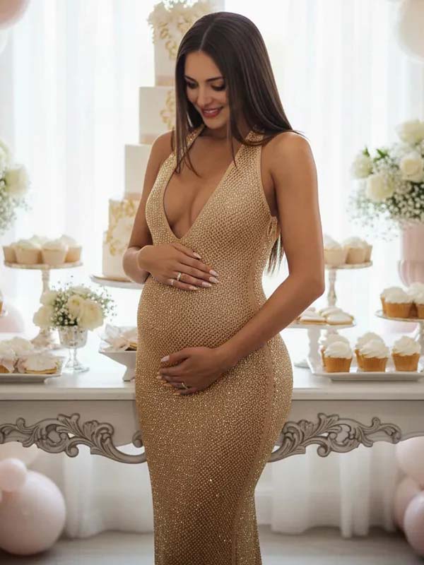 Glitter Sequin Ruched Backless Halter Neck Bodycon Maternity Maxi Dress for Maternity