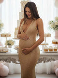 Glitter Sequin Ruched Backless Halter Neck Bodycon Maternity Maxi Dress for Maternity