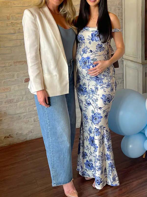 Blue Floral Off Shoulder Mermaid Maternity Baby Shower Maxi Dress for Maternity
