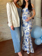 Blue Floral Off Shoulder Mermaid Maternity Baby Shower Maxi Dress for Maternity