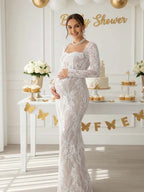 Lace Ruffle Back Slit Square Neck Bodycon Maternity Maxi Dress for Maternity