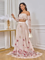 Two Piece Boho Flower Printing Off Shoulder Chiffon Crop Bandeau Photoshoot Maternity Maxi Dress for Maternity