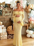 Yellow Off Shoulder Lace Flare Sleeve Lace Up Maternity Baby Shower Maxi Dress for Maternity