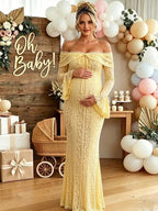 Yellow Off Shoulder Lace Flare Sleeve Lace Up Maternity Baby Shower Maxi Dress for Maternity