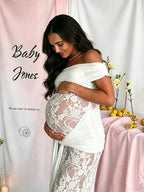 Off Shoulder Lace Backless Ribbon Ruched Maternity Baby Shower Maxi Dress for Maternity