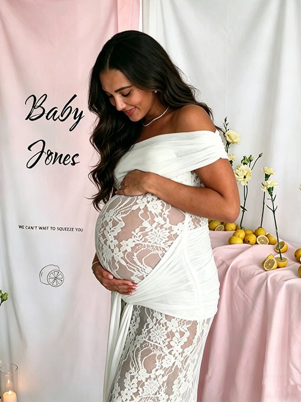 Off Shoulder Lace Backless Ribbon Ruched Maternity Baby Shower Maxi Dress for Maternity