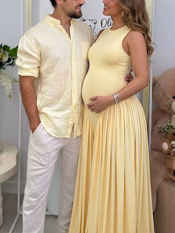 Round Neck Ruched Draped Curved Drop Waist Bodycon Baby Shower Maternity Maxi Dress for Maternity