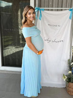 Solid Color Ruched Pleated Off Shoulder Big Swing Elegant Cocktail Party Maternity Photoshoot Baby Shower Maxi Dress for Maternity