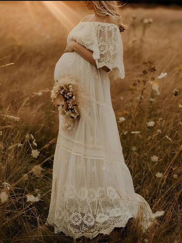White Off Shoulder Lace Tiered Boat Neck Flowy Elegant Western Maternity Photoshoot Maxi Dress for Maternity
