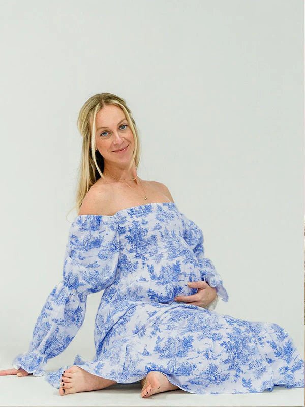 Ruffle Ruched High Waist Puff Sleeve Cute Photoshoot Maternity Maxi Dress for Maternity