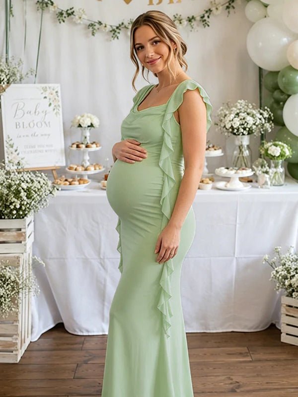 Elegant Green Backless Ruched Falbala Side Draped Maternity Baby Shower Maxi Dress for Maternity