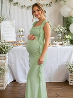 Elegant Green Backless Ruched Falbala Side Draped Maternity Baby Shower Maxi Dress for Maternity