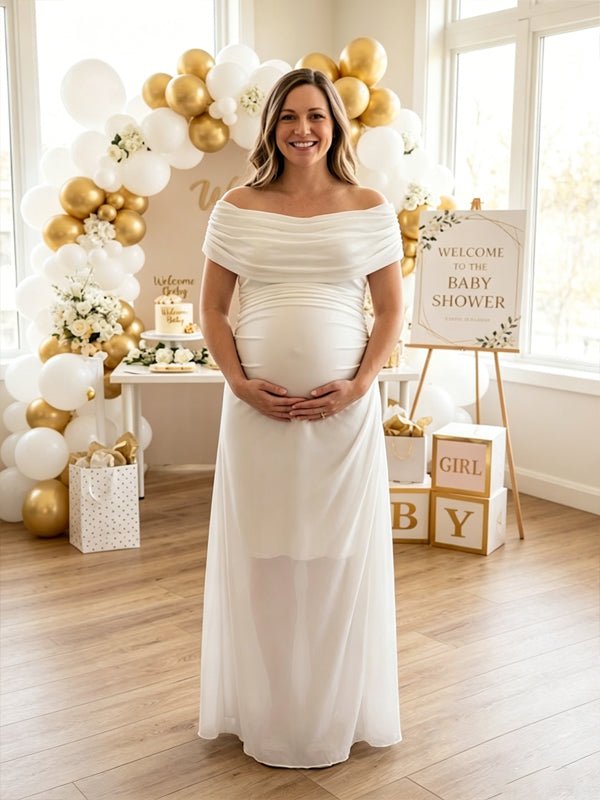 Dangling Collar Ruched Zipper Grenadine Maternity Baby Shower Maxi Dress for Maternity