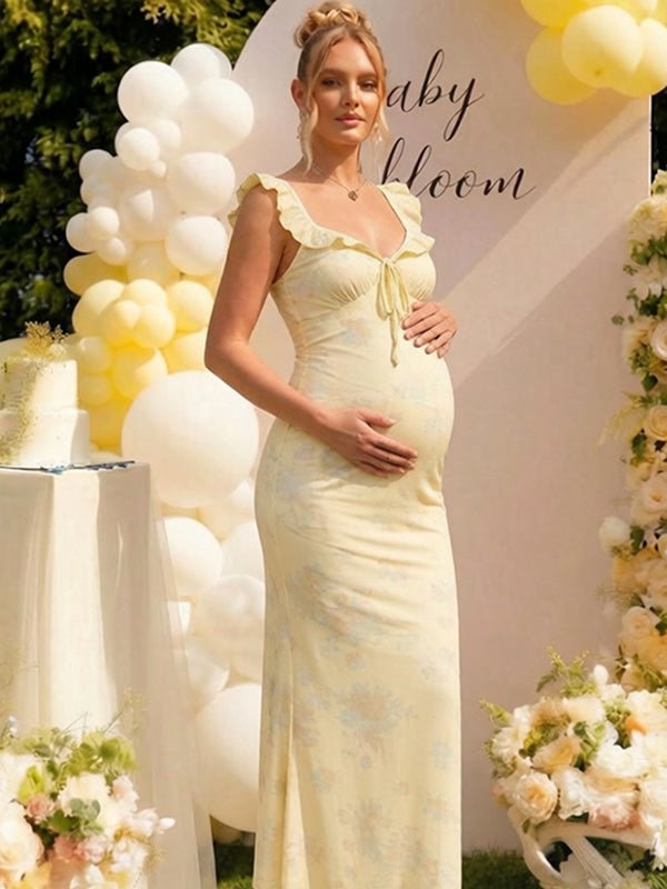 Chic Yellow Floral Falbala Bowknot Bodycon Mermaid Baby Shower Maternity Maxi Dress for Maternity