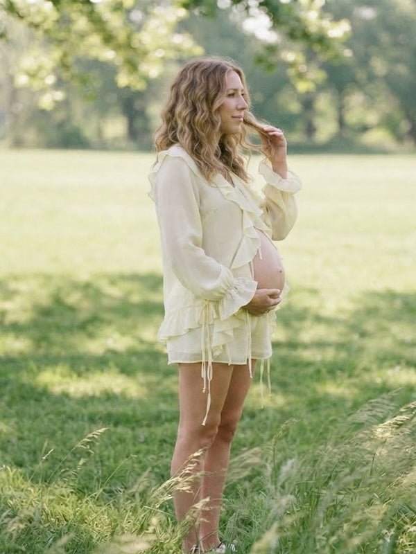 Ruffle Lace Up Flare Sleeve Two Piece Maternity Photoshoo Suit for Maternity