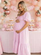 Striped Ruched Puff Sleeve A-line Boho Maternity Maxi Dress for Maternity
