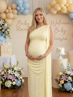 Chic Off Shoulder Side Draped Ribbons Mesh Bodycon Baby Shower Maternity Maxi Dress for Maternity