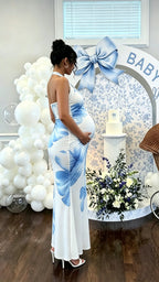 Flowers Halter Neck Open Back Maternity Baby Shower Maxi Dress for Maternity