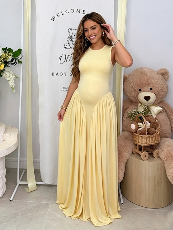 Round Neck Ruched Draped Curved Drop Waist Bodycon Baby Shower Maternity Maxi Dress for Maternity