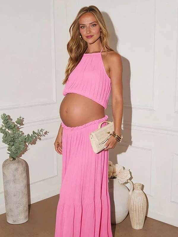 Chic Pleated Halter Neck Backless Flowy Two Piece Vacation Maternity Maxi Dress for Maternity