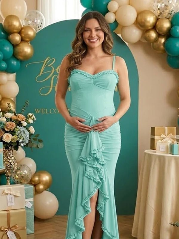 Spaghetti Strap Ruffle Ruched Grenadine Maternity Baby Shower Maxi Dress for Maternity