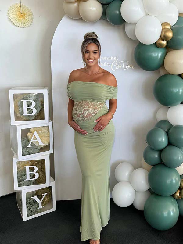 Green Off Shoulder Lace Sheer Splicing Ruched Baby Shower Maternity Maxi Dress for Maternity
