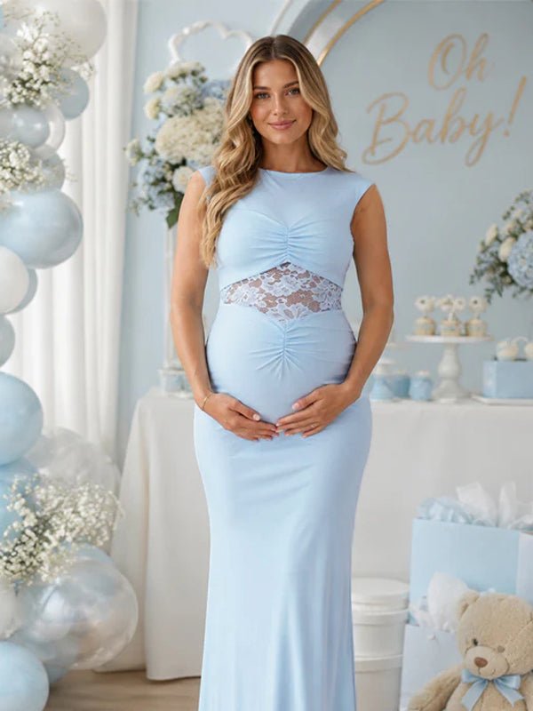Lace Ruched Splicing Lace Up Maternity Baby Shower Maxi Dress for Maternity