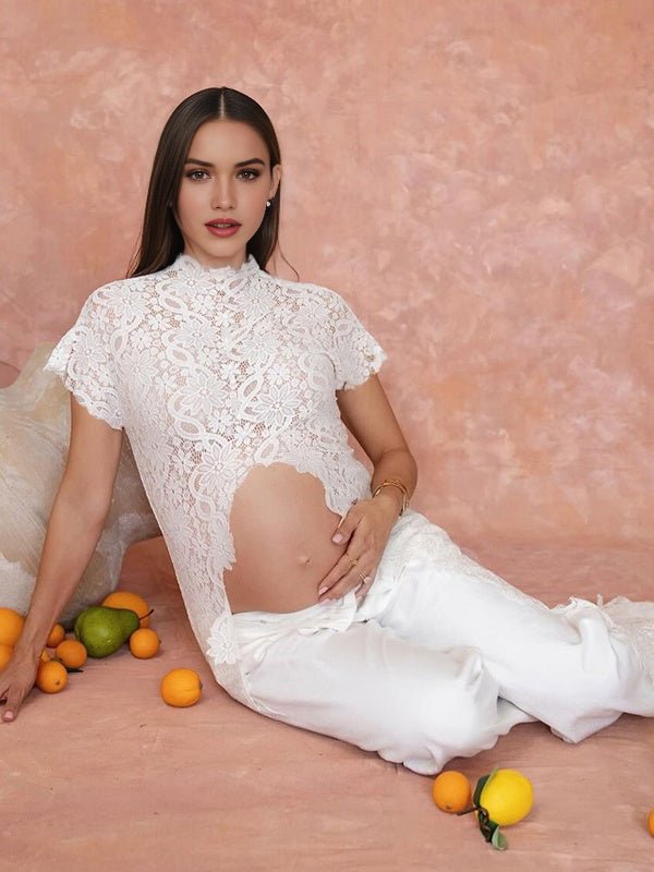 Chic White Side Slit Lace Photoshoot Vacation Two Piece Maternity Top Pant for Maternity