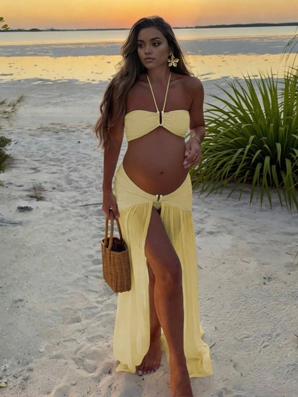 Halter Neck Front Slit Sheer Two Piece Maternity Photoshoot Swimwear for Maternity