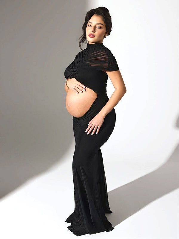 Black Bare Sheer Midriff Grenadine Maternity Photoshoot Maxi Dress for Maternity