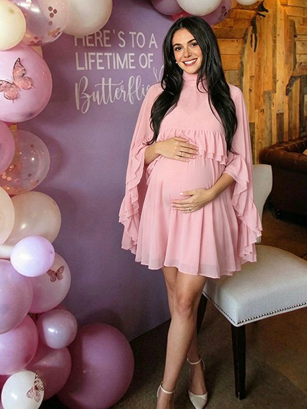 2 Piece Mesh Ruffle High Neck Cloak Suspender Skirt Back-tie Baby Shower Maternity Mini Dress for Maternity
