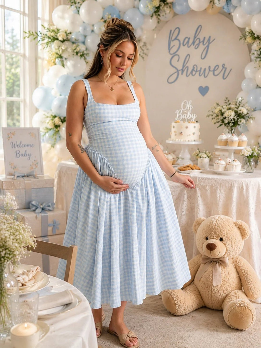 Plaid Tank A-line Elegant Maternity Baby Shower Maxi Dress for Maternity