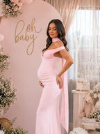 Chic Pink Off Shoulder Bodycon Ruffle Sashes Baby Shower Maternity Maxi Dress for Maternity