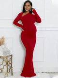 Oblique Shoulder Side Slit Maternity Photoshoot Maxi Dress for Maternity