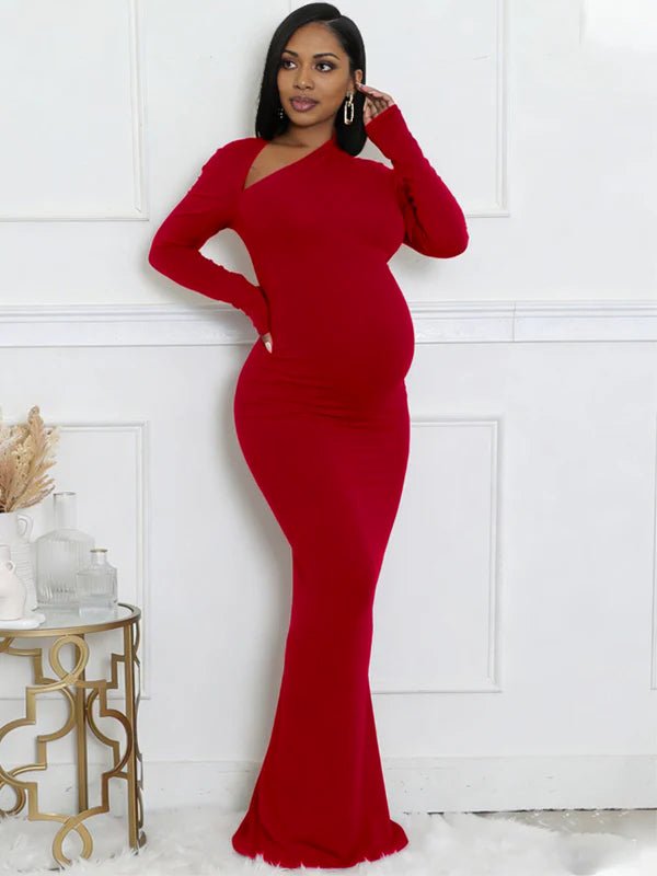 Oblique Shoulder Side Slit Maternity Photoshoot Maxi Dress for Maternity