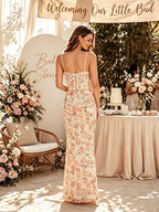 Chic Floral Bodycon Backless Spaghetti Straps Ruched Maternity Baby Shower Maxi Dress for Maternity