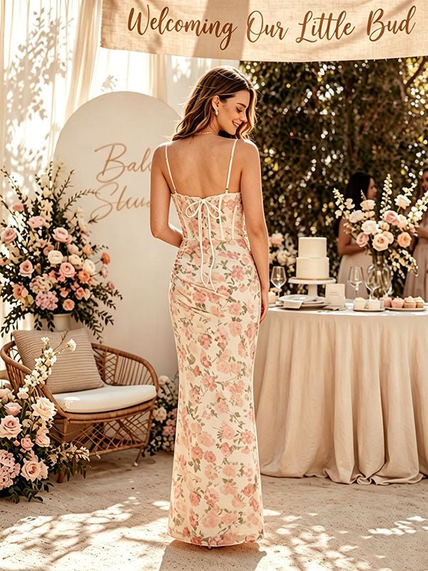 Chic Floral Bodycon Backless Spaghetti Straps Ruched Maternity Baby Shower Maxi Dress for Maternity
