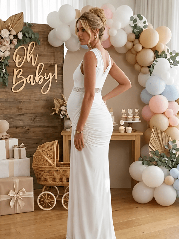 White Lace Ruched Draped Big Swing Baby Shower Maternity Maxi Dress for Maternity